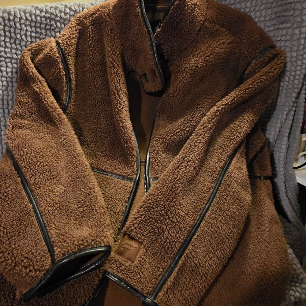 Fabletics Sherpa Fleece Jacket Brown | Faux Leather Trim Zip-Up Teddy | Women’s